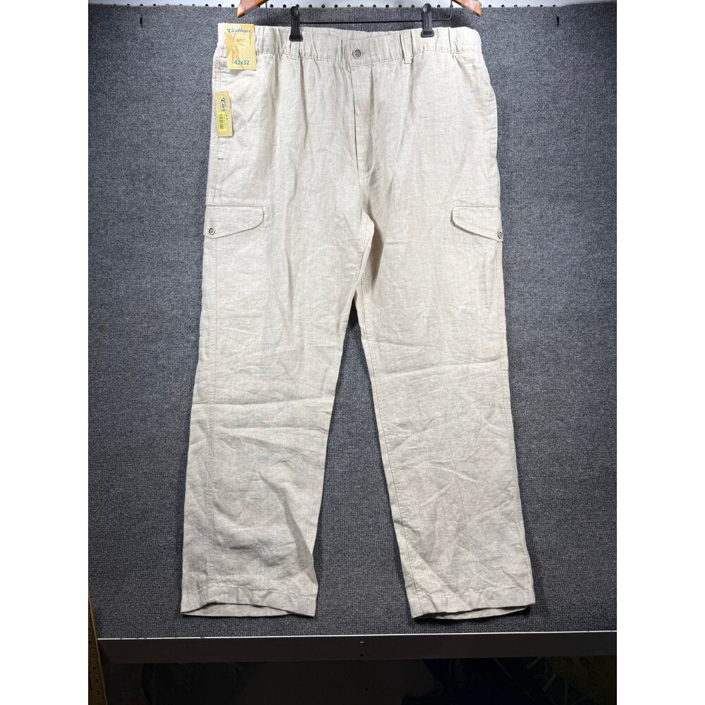 Caribbean Men's 100% Linen Cargo Pants Ivory Off-White Beach Resort Size 42x32